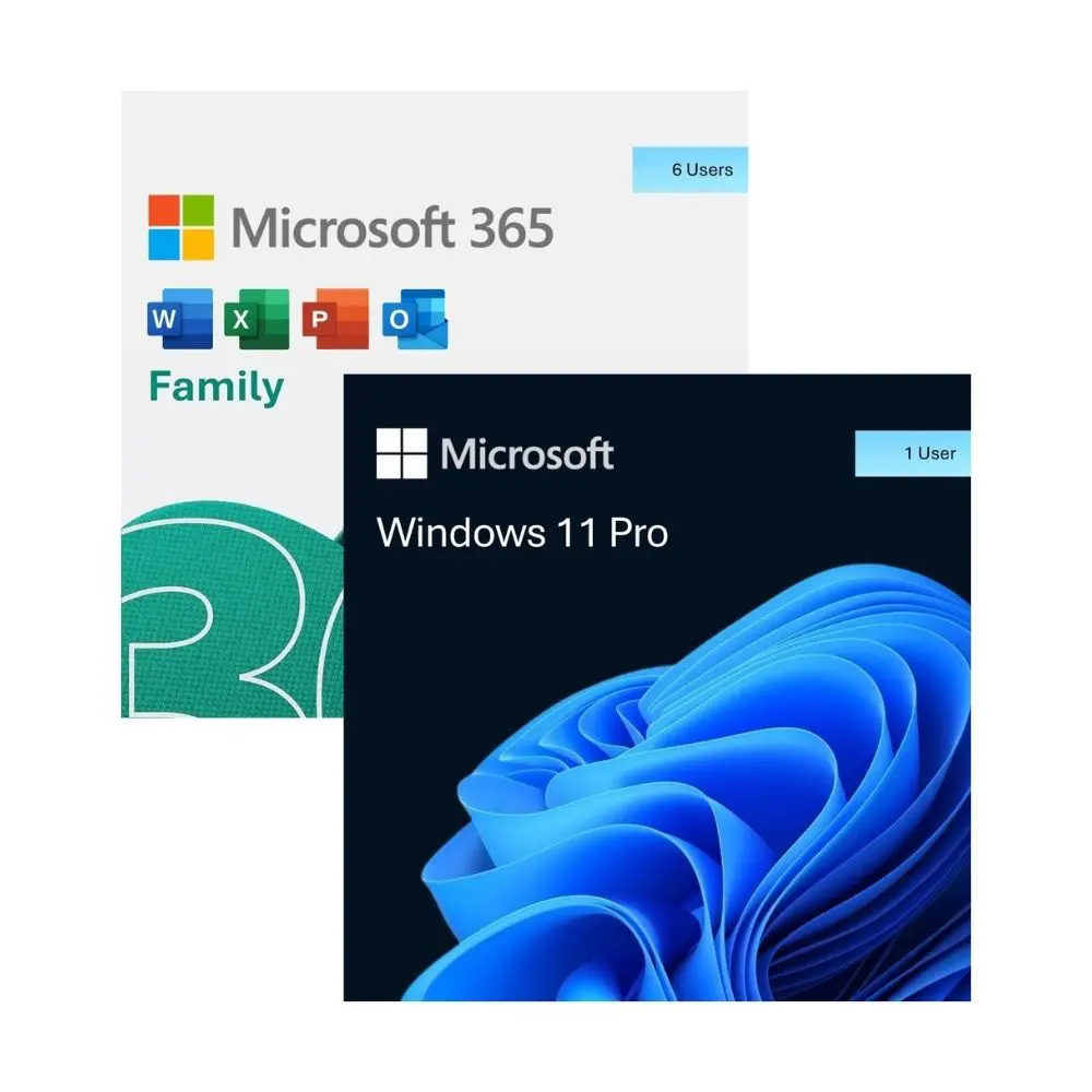 Microsoft 365 Family (6 Users / 1 Year) + Windows 11 Pro Bundle Official Box Art & Activation License Key